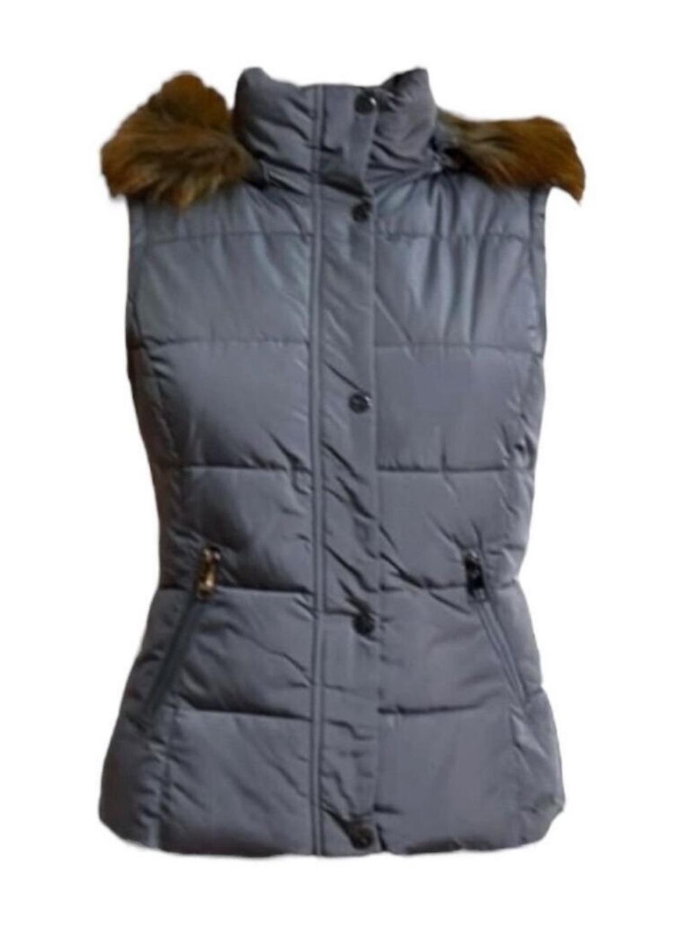 Gray Puffer Vest with Faux Fur Detachable Hood Women’s Size Small